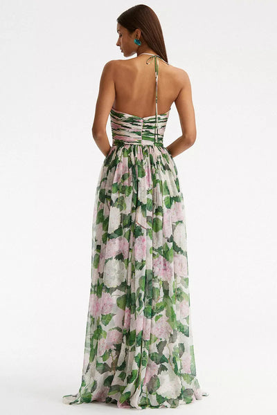 Reyanna™ | Floral Off-Shoulder Halter Neck Pleat Maxi Dress