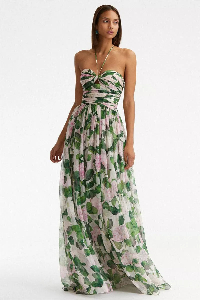 Reyanna™ | Floral Off-Shoulder Halter Neck Pleat Maxi Dress