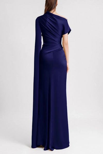 Reyanna™ | Satin Asymmetrical Neckline Draped Maxi Dress