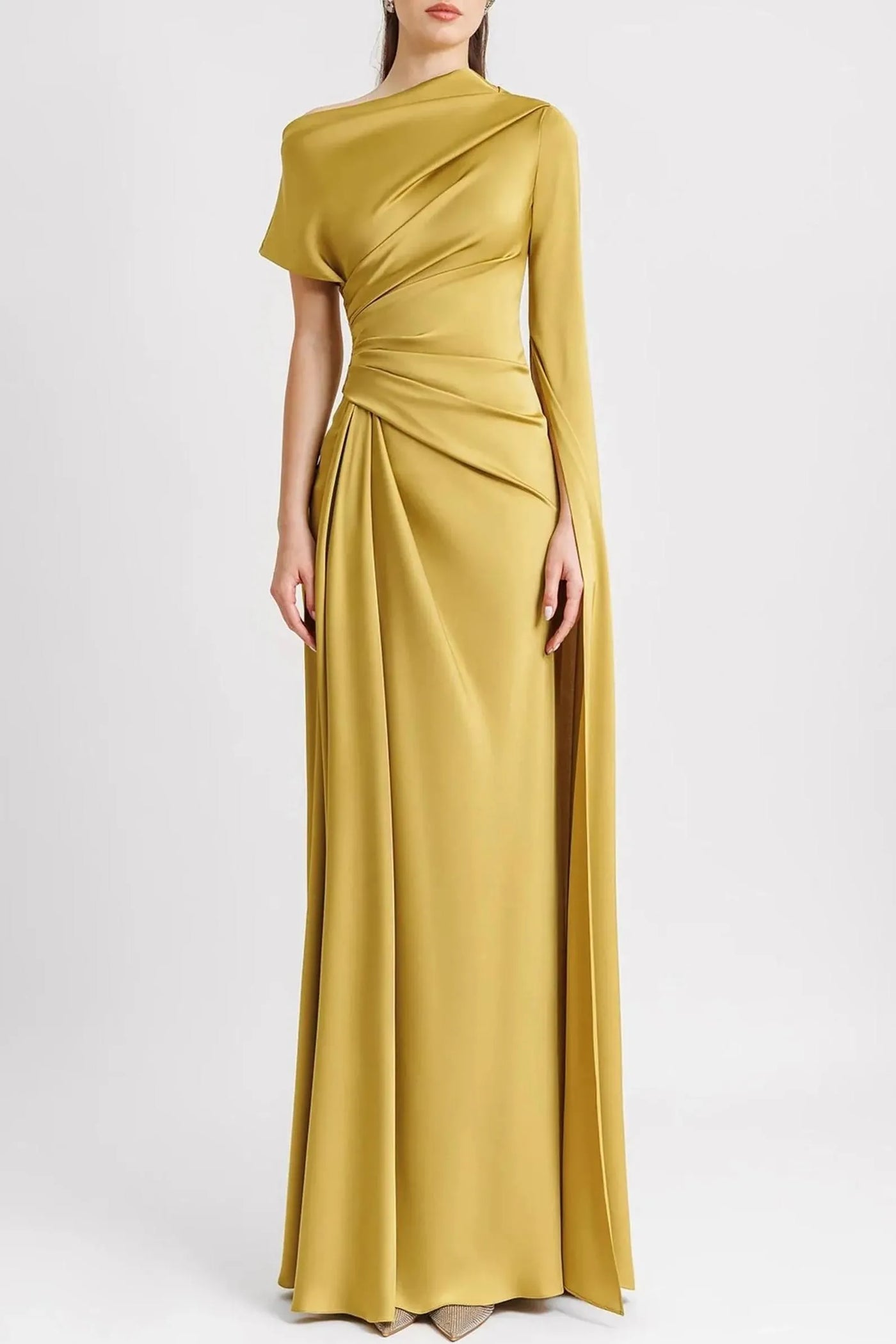 Reyanna™ | Satin Asymmetrical Neckline Draped Maxi Dress
