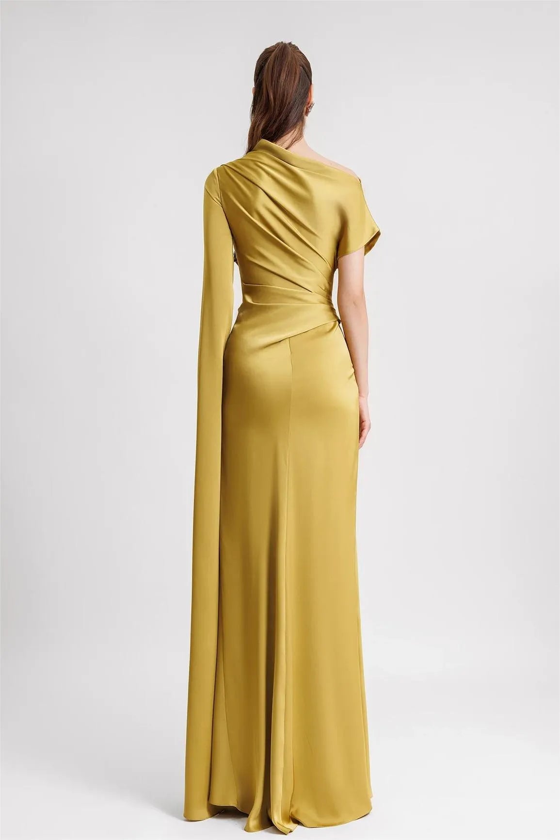 Reyanna™ | Satin Asymmetrical Neckline Draped Maxi Dress