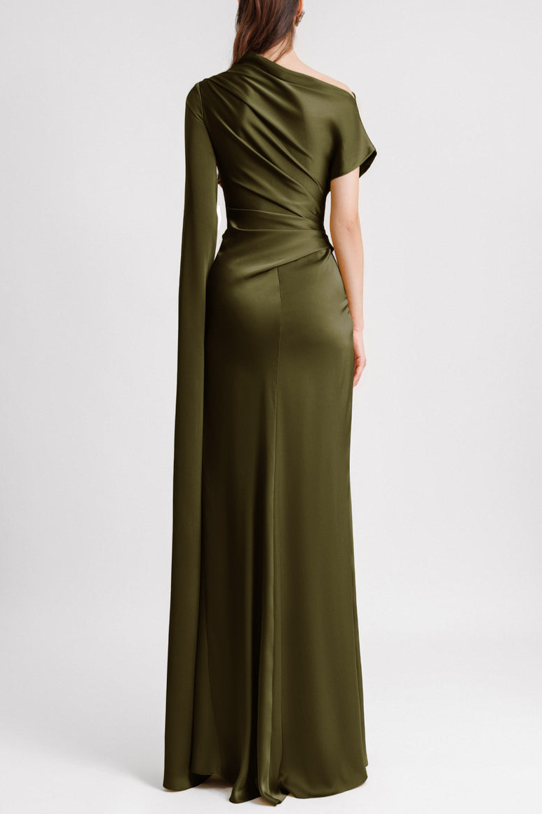 Reyanna™ | Satin Asymmetrical Neckline Draped Maxi Dress