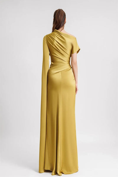 Reyanna™ | Satin Asymmetrical Neckline Draped Maxi Dress