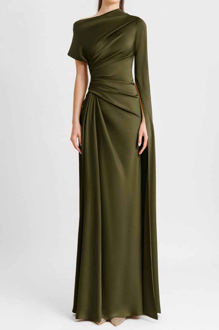 Reyanna™ | Satin Asymmetrical Neckline Draped Maxi Dress