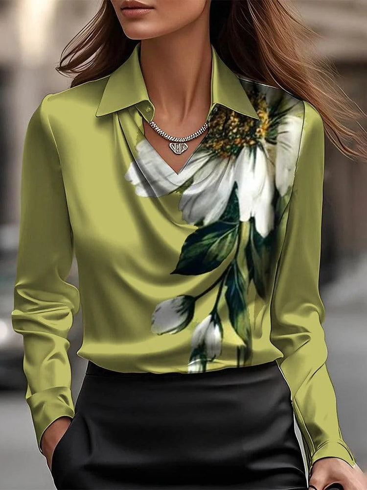 Reyanna™ | Solid Satin Floral Print Simple Swing Collar Shirt Top