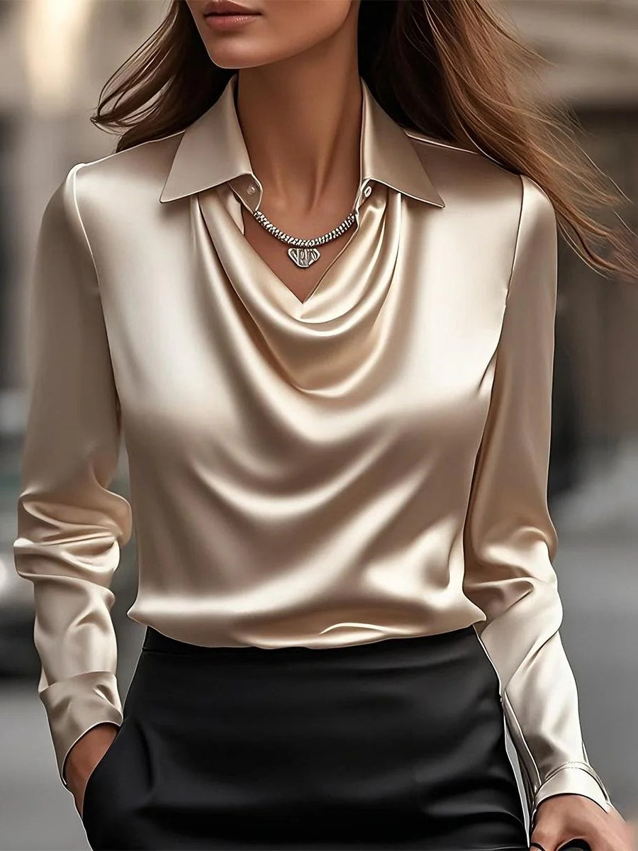 Reyanna™ | Solid Satin Floral Print Simple Swing Collar Shirt Top