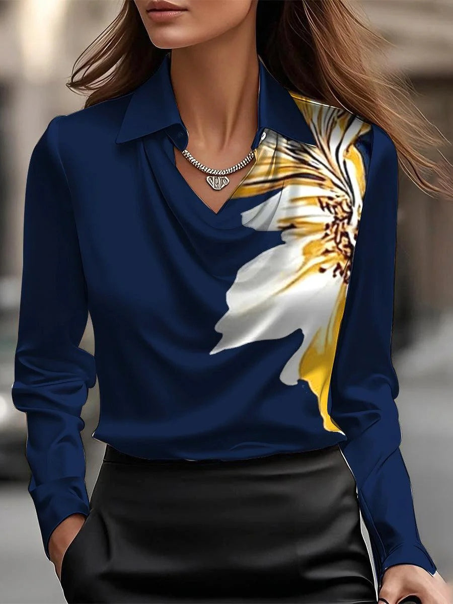 Reyanna™ | Solid Satin Floral Print Simple Swing Collar Shirt Top