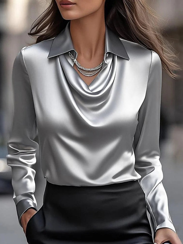 Reyanna™ | Solid Satin Floral Print Simple Swing Collar Shirt Top