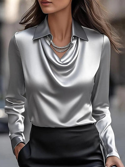 Reyanna™ | Solid Satin Floral Print Simple Swing Collar Shirt Top