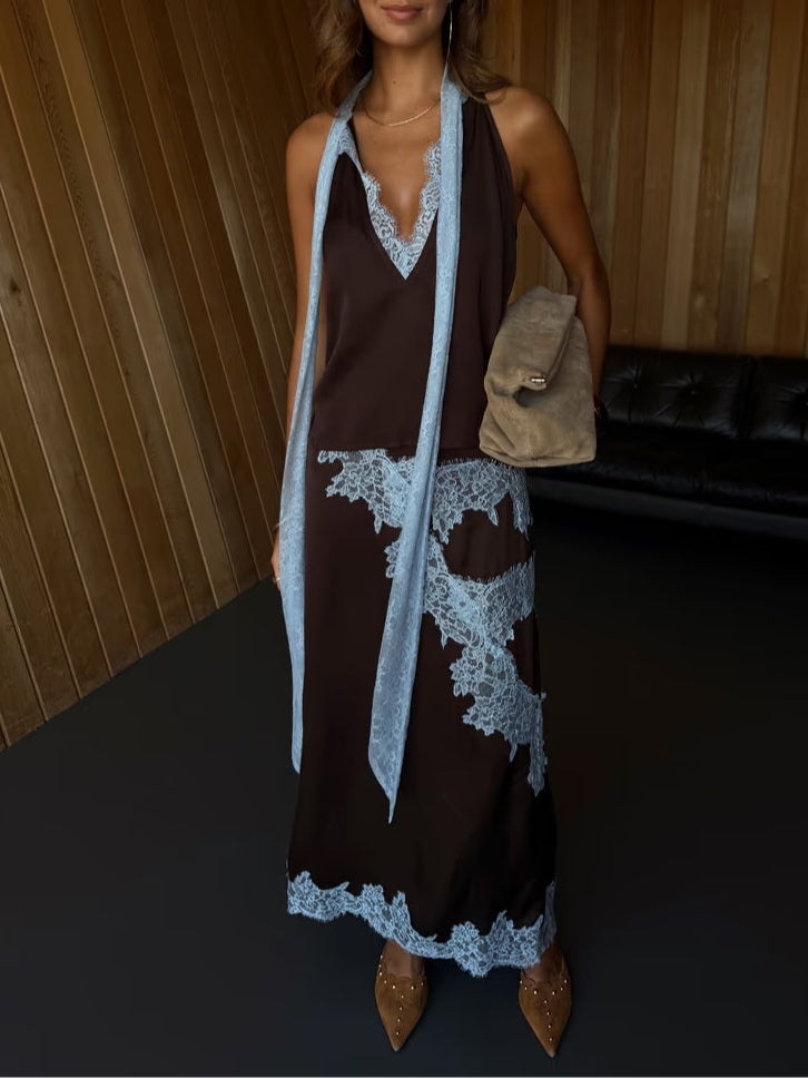 Reyanna™ | Chic Brown and Blue Lace Panel Top