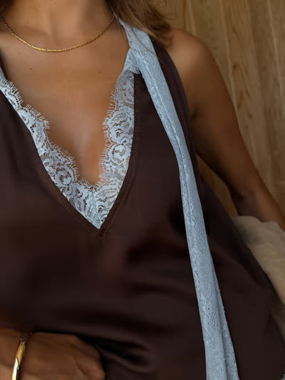 Reyanna™ | Chic Brown and Blue Lace Panel Top