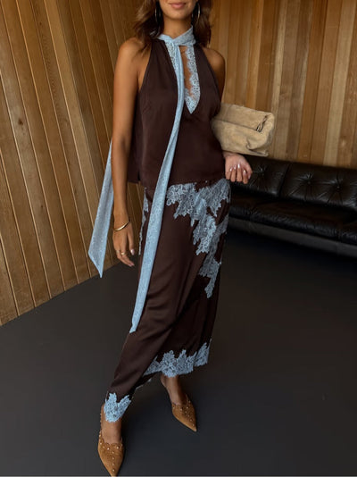 Reyanna™ | Chic Brown and Blue Lace Panel Top