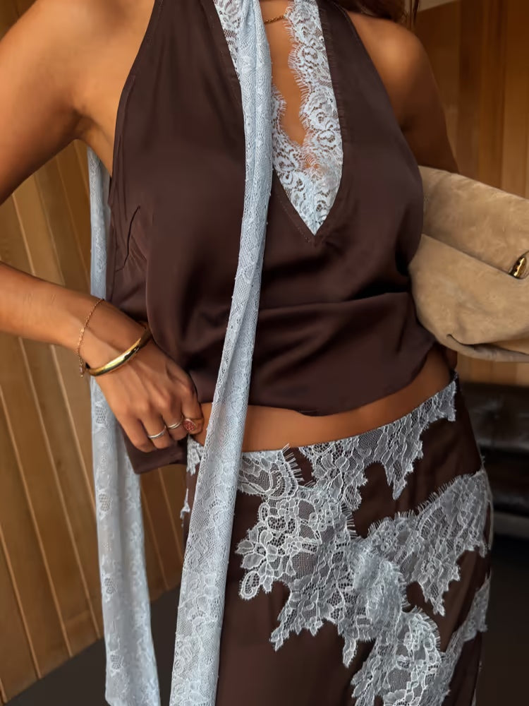 Reyanna™ | Chic Brown and Blue Lace Panel Top
