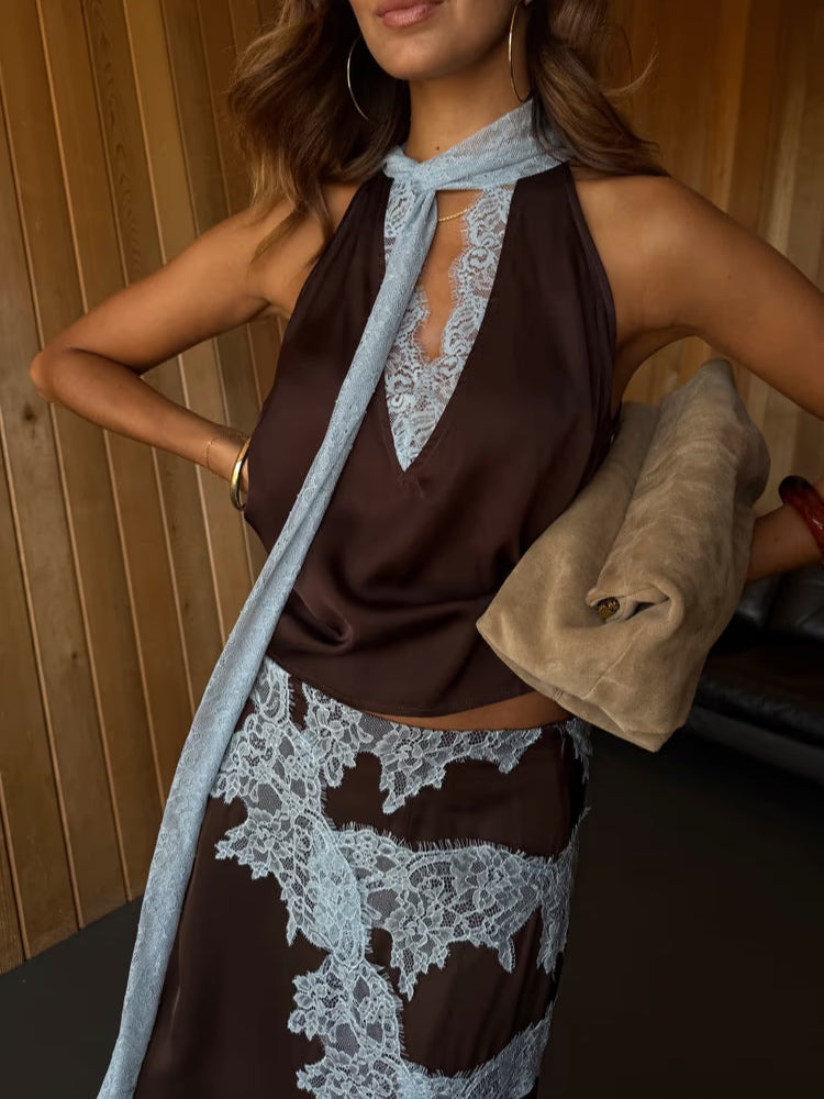 Reyanna™ | Chic Brown and Blue Lace Panel Top