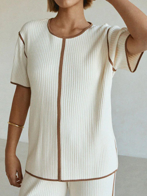 Reyanna™ | Off-white Striped Knitted Casual Short-sleeved Top