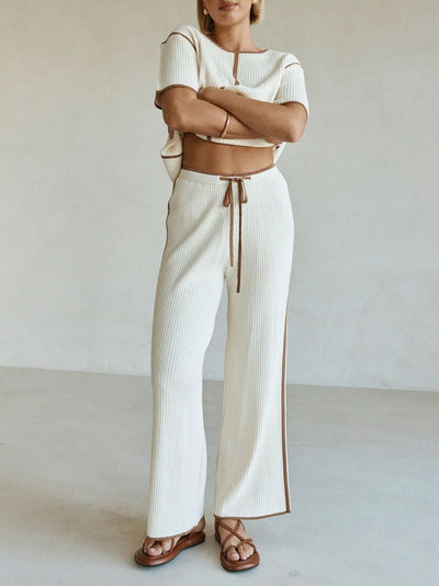 Reyanna™ | Off-white Striped Knitted Casual Short-sleeved Top