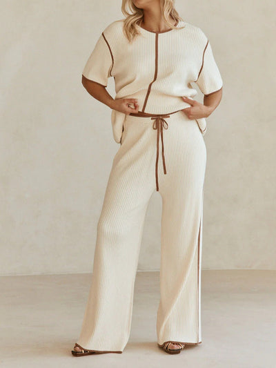 Reyanna™ | Off-white Striped Knitted Casual Short-sleeved Top