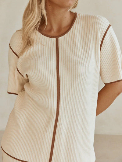 Reyanna™ | Off-white Striped Knitted Casual Short-sleeved Top