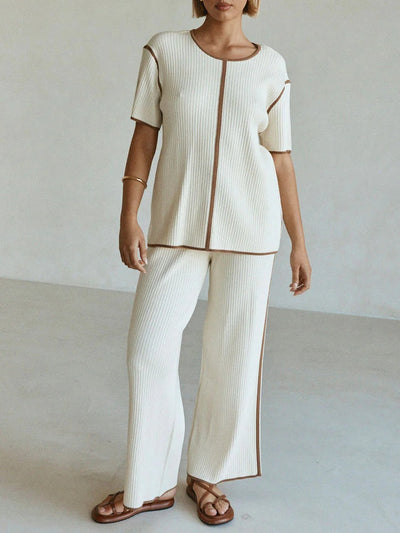 Reyanna™ | Off-white Striped Knitted Casual Short-sleeved Top