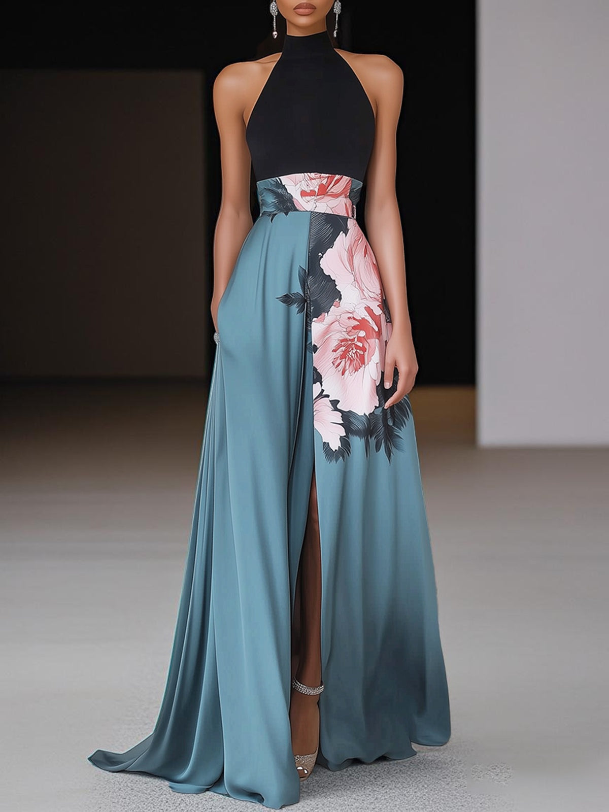 Reyanna™ | Black Slit Floral Classic Crew Neck Sleeveless A-Line Maxi Dress