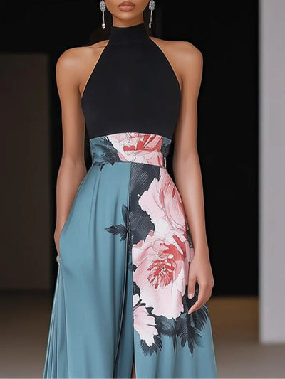 Reyanna™ | Black Slit Floral Classic Crew Neck Sleeveless A-Line Maxi Dress