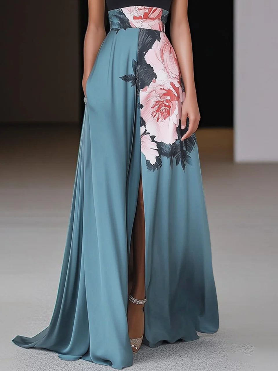 Reyanna™ | Black Slit Floral Classic Crew Neck Sleeveless A-Line Maxi Dress