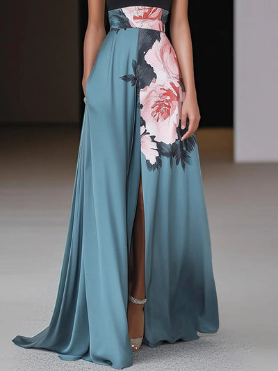 Reyanna™ | Black Slit Floral Classic Crew Neck Sleeveless A-Line Maxi Dress