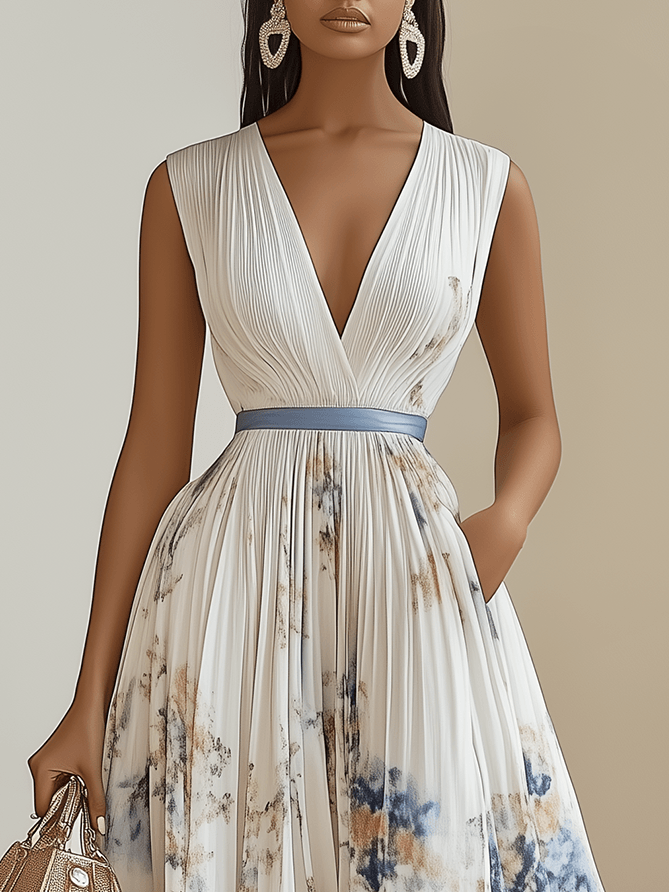 Reyanna™ | Spring New White Pleated Floral Chiffon V Neck Sleeveless A-Line Midi Dress