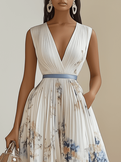 Reyanna™ | Spring New White Pleated Floral Chiffon V Neck Sleeveless A-Line Midi Dress