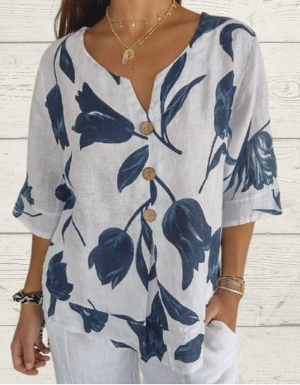 Reyanna™ | Printed Linen-Cotton V-Neck Pullover Shirt