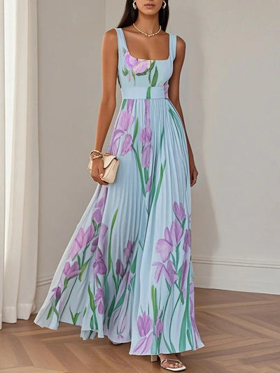 Reyanna™ | White Pleated Floral Chiffon Square Neck Sleeveless A-Line Maxi Dress