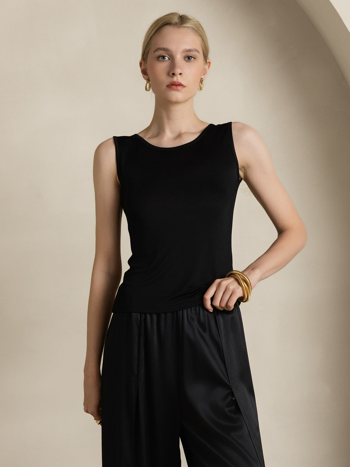 Reyanna™ | Sidenstickad Lounge Rund Halsringning Tank Top