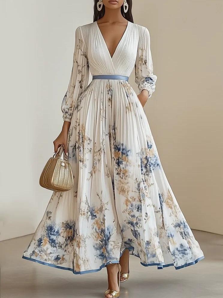 Reyanna™ | Spring New White Pleated Chiffon V Neck Floral Long Sleeve Balloon Sleeve A-Line Maxi Dress