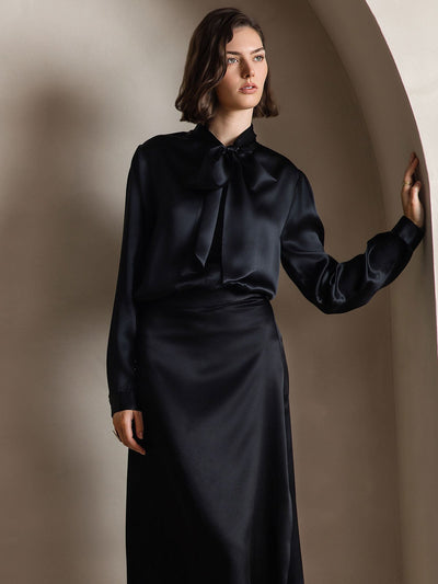 Reyanna™ | Dam 19 Momme Elegant Siden Skjorta med Knytkrage och Långa Ärmar
