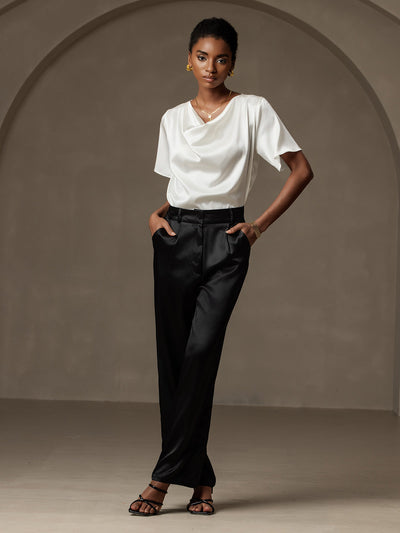 Reyanna™ | Siden avslappnad cowl neck t-shirt med kort ärm