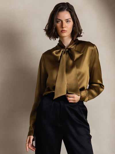 Reyanna™ | Elegant Siden Skjorta med Knytkrage och Långa Ärmar