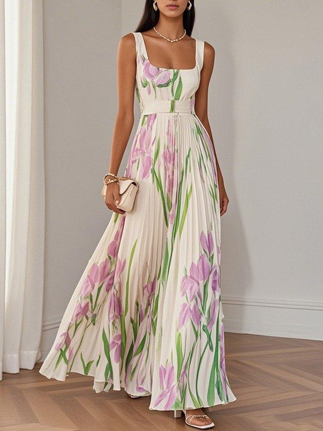 Reyanna™ | White Pleated Floral Chiffon Square Neck Sleeveless A-Line Maxi Dress