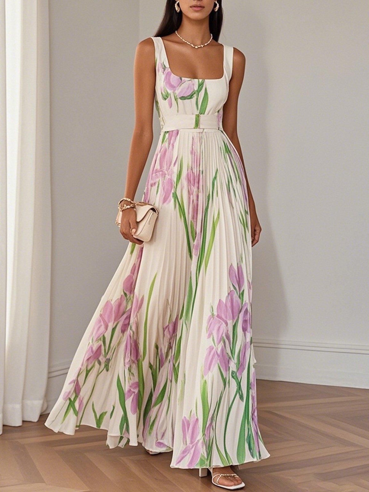 Reyanna™ | White Pleated Floral Chiffon Square Neck Sleeveless A-Line Maxi Dress