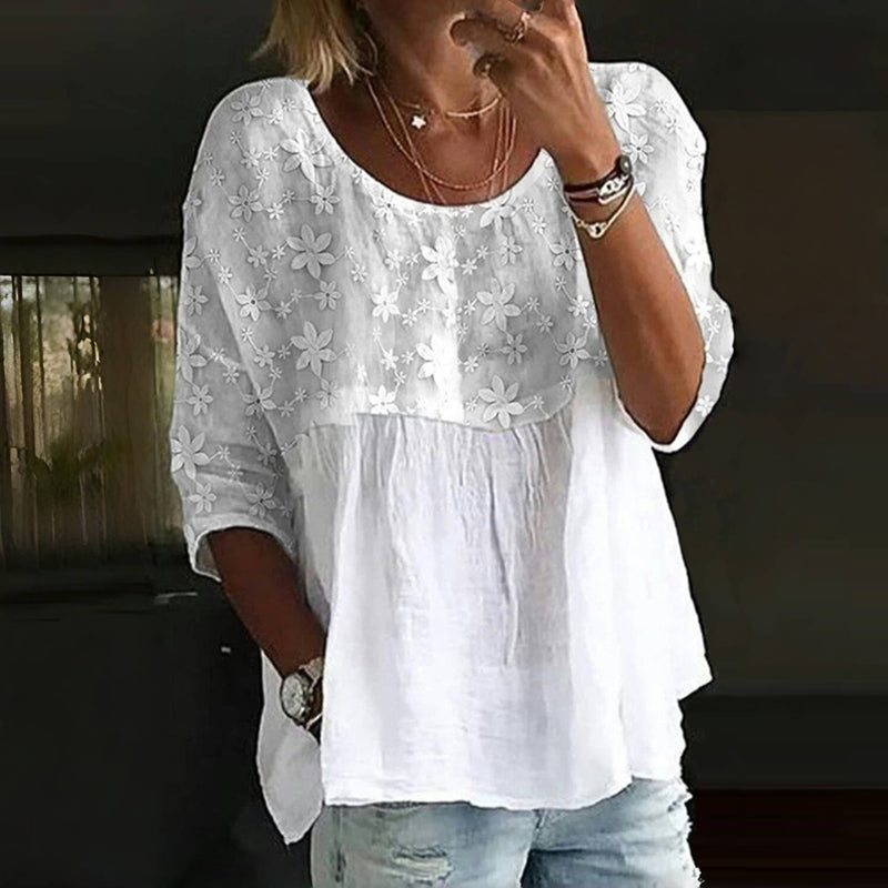 Blommig Broderad Patchworkblus
