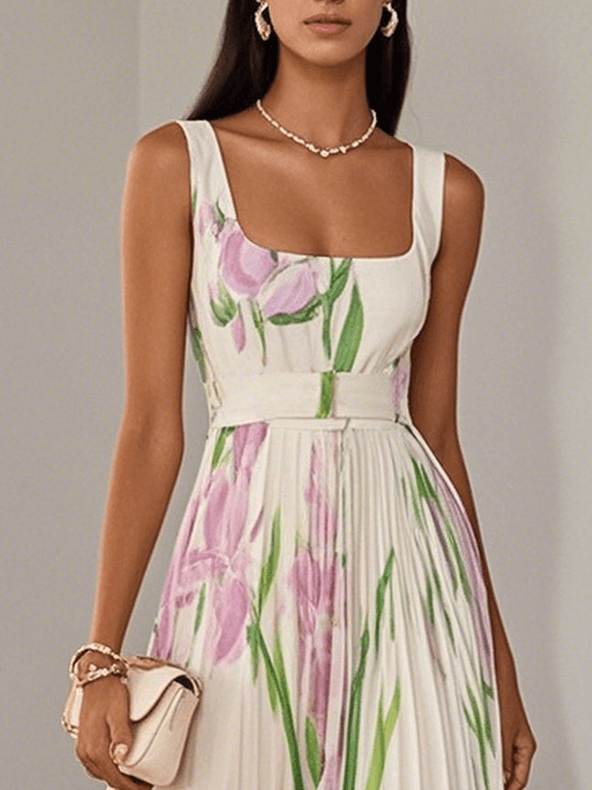 Reyanna™ | White Pleated Floral Chiffon Square Neck Sleeveless A-Line Maxi Dress