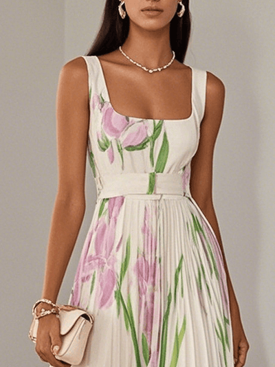 Reyanna™ | White Pleated Floral Chiffon Square Neck Sleeveless A-Line Maxi Dress