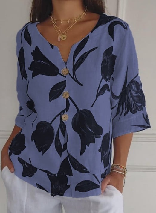 Reyanna™ | Printed Linen-Cotton V-Neck Pullover Shirt