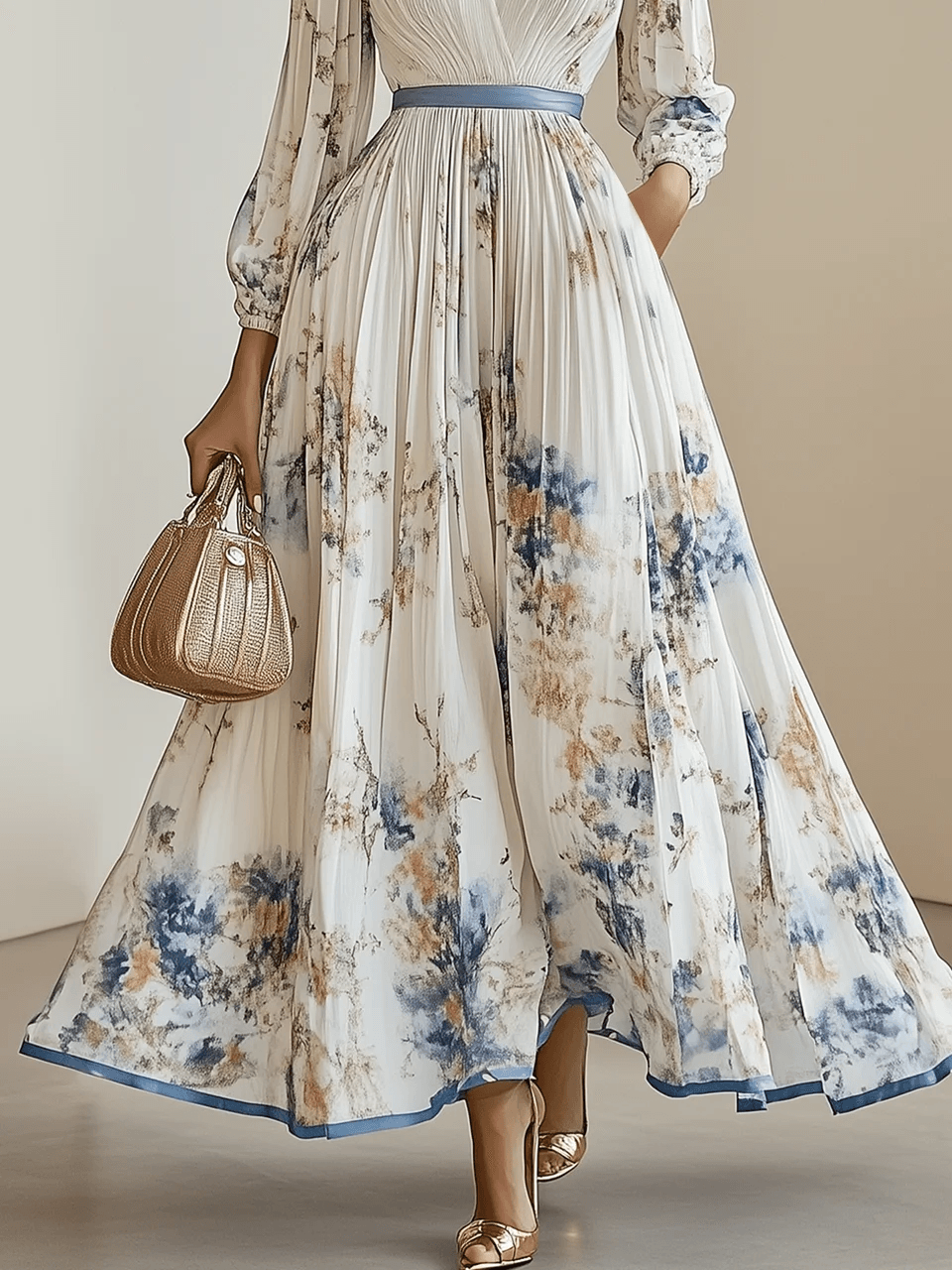 Reyanna™ | Spring New White Pleated Chiffon V Neck Floral Long Sleeve Balloon Sleeve A-Line Maxi Dress