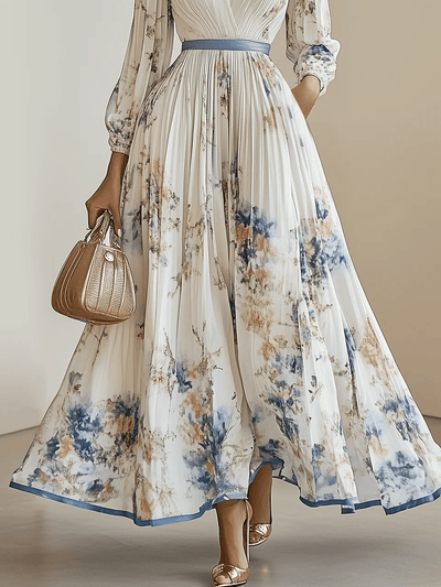 Reyanna™ | Spring New White Pleated Chiffon V Neck Floral Long Sleeve Balloon Sleeve A-Line Maxi Dress