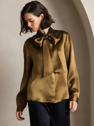 Reyanna™ | Dam 19 Momme Elegant Siden Skjorta med Knytkrage och Långa Ärmar