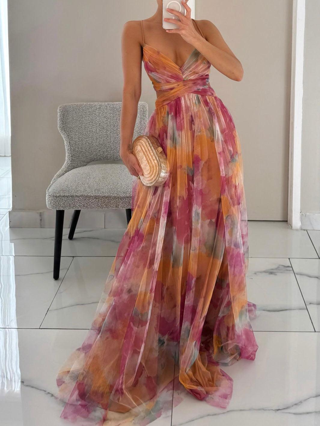 Reyanna™ | Elegant Painted Floral Print V-Neck A-Line Maxi Dress