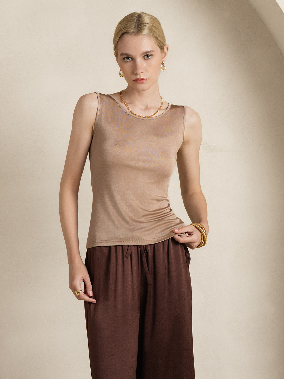 Reyanna™ | Sidenstickad Lounge Rund Halsringning Tank Top