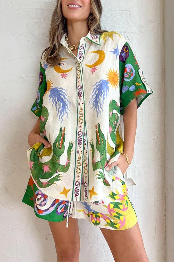Reyanna™ | Days of Heaven Linen Blend Unique Print Blouse and Elastic Waist Pocketed Shorts Set
