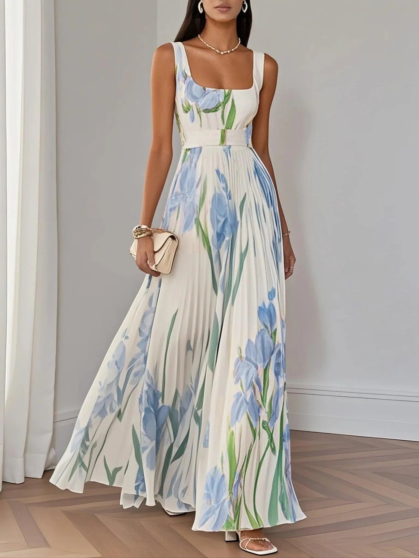 Reyanna™ | White Pleated Floral Chiffon Square Neck Sleeveless A-Line Maxi Dress