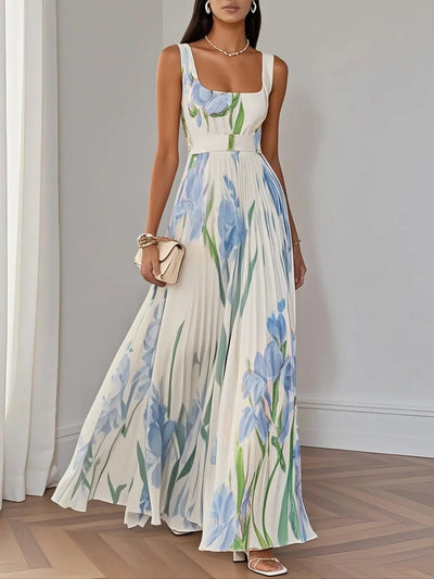 Reyanna™ | White Pleated Floral Chiffon Square Neck Sleeveless A-Line Maxi Dress